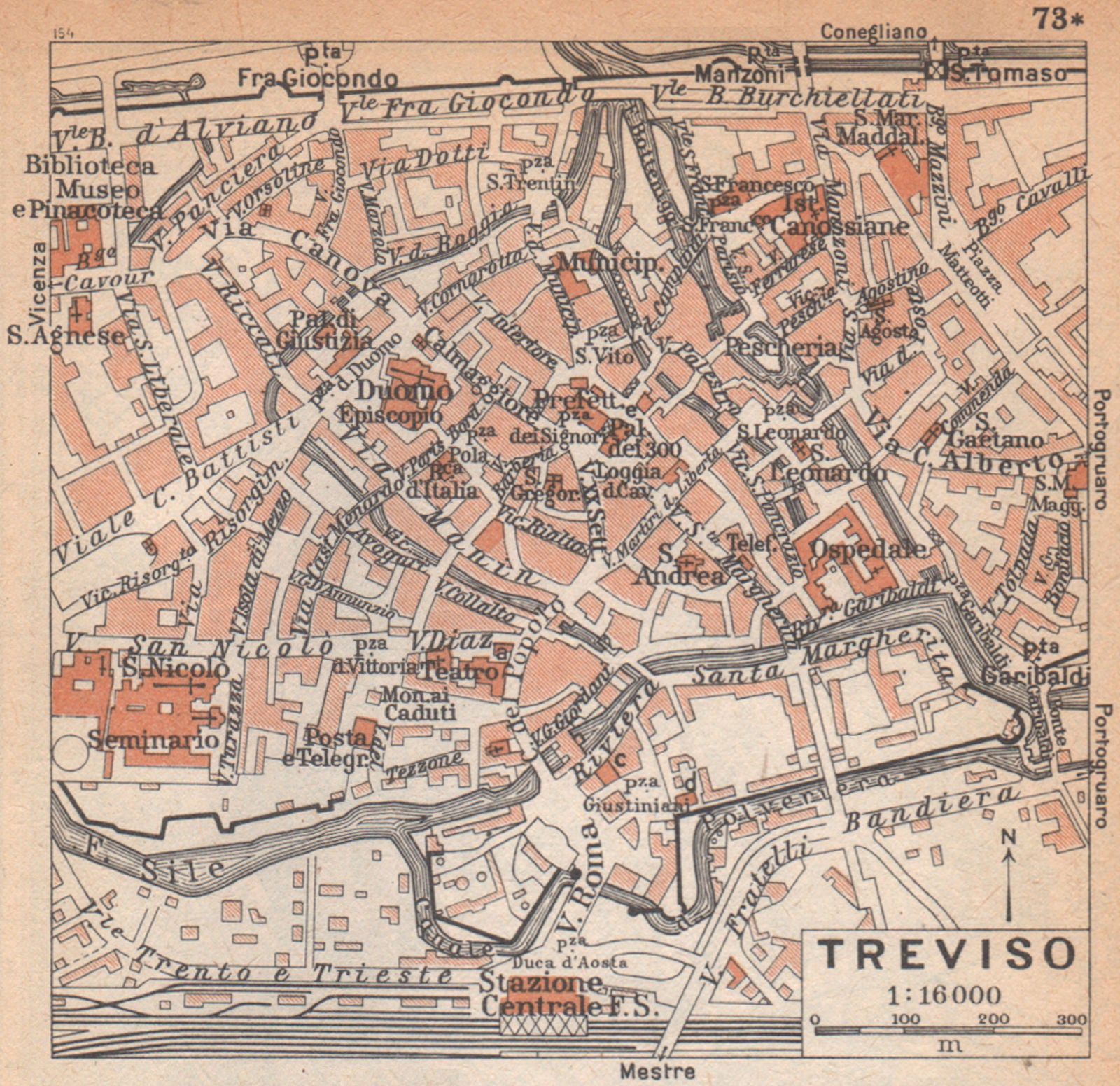 TREVISO vintage town city map plan pianta della città. Italy 1958 old